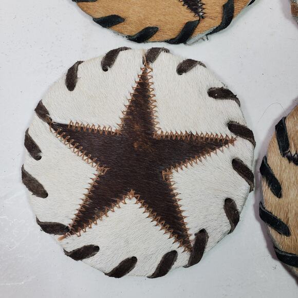 Cowhide Coaster Set of 4 Natural Cowhide Drink Coasters Hair Round Brazil 4.5" - Picture 5 of 8